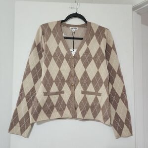 Kathy Ireland Argyle Button-Up Cardigan Sweater Beige Brown Size M NWT